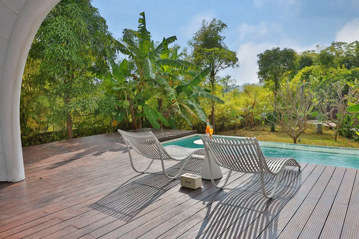 Pool deck with lounge chairs