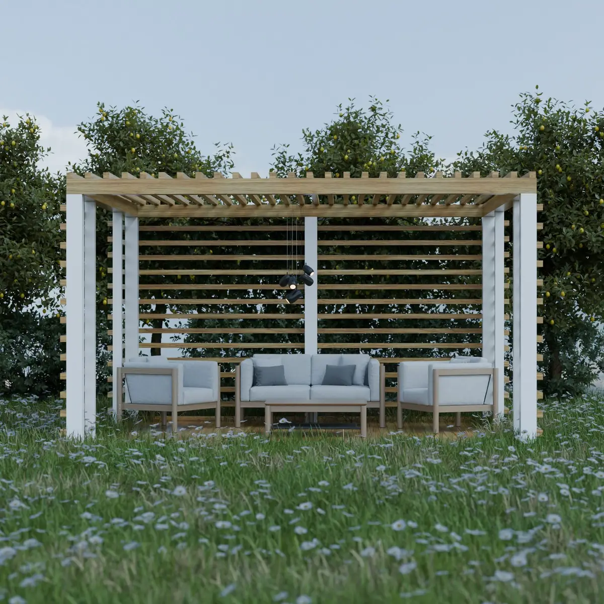 Garden pergola with outdoor seating