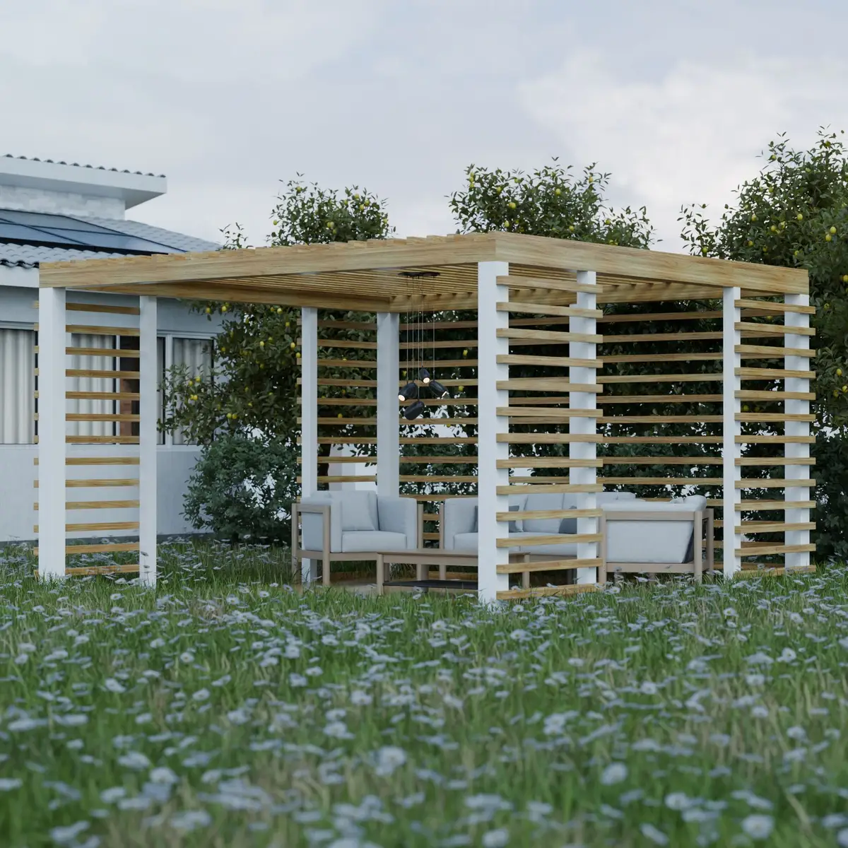Wooden pergola over a garden patio