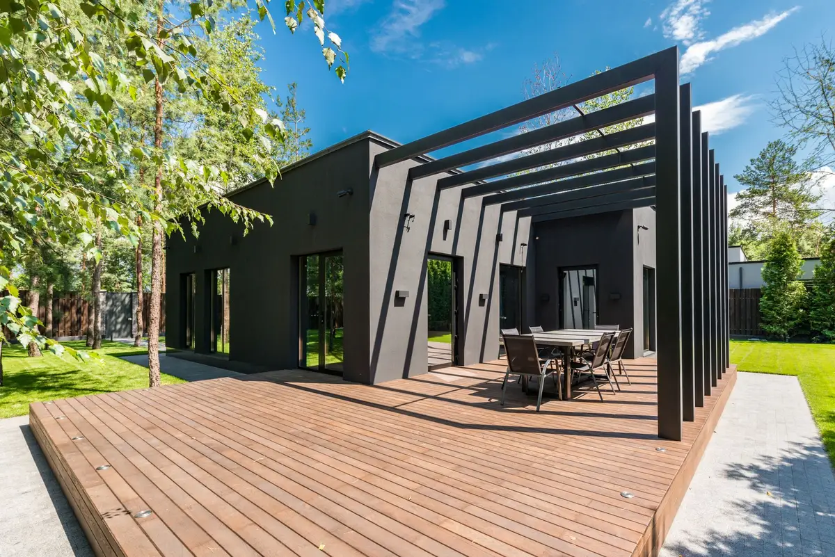Wood deck with an outdoor dining set